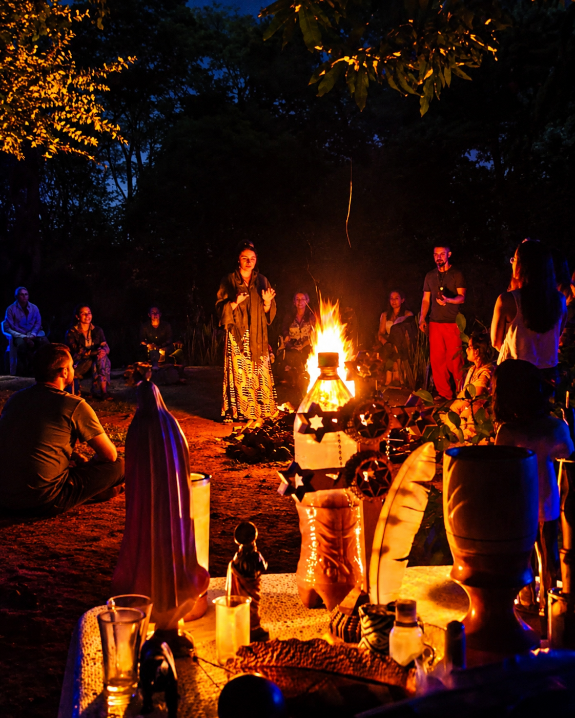 Grupo reunido ao redor da fogueira em ritual noturno